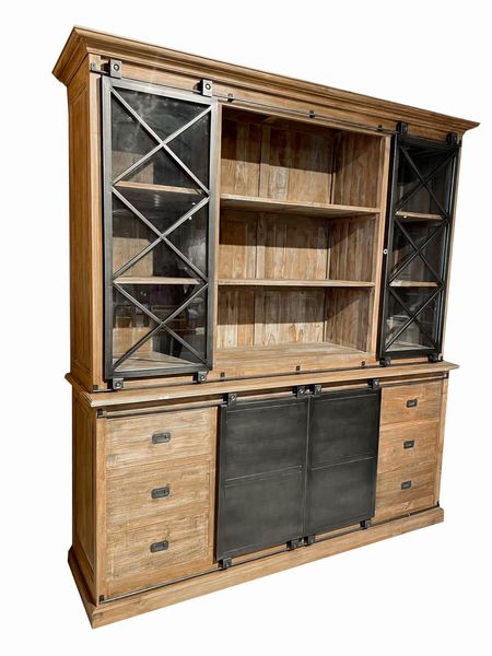 MELLI, Buffetschrank, Vitrine Teak-Holz & Metall mit Rolltüren