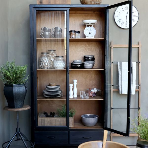 Landhaus Vitrine KLARA H 195 cm Holz schwarz-natur