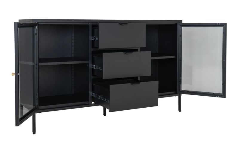 SINA, Vitrine-Sideboard Metall schwarz mit 3 Schubladen und 2 Glastüren, Anrichte