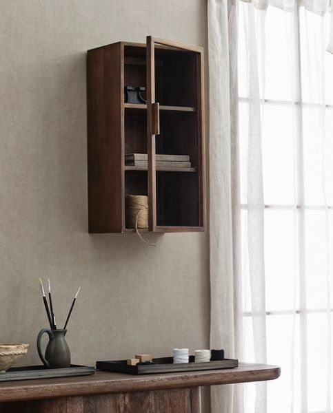 Wandvitrine H 60 cm Holz dunkelbraun, Hängeschrank Landhausstil